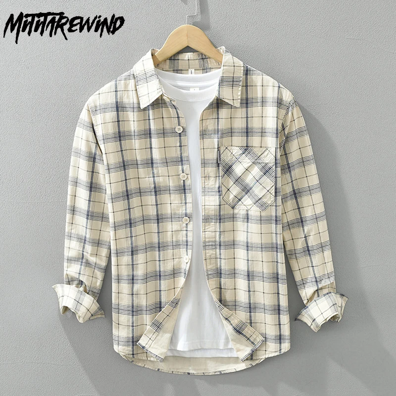 

Harajuku Fashion Men's Plaid Shirt Spring Daily Casual Long Sleeves Shirts Pure Cotton Shirt with Pocket Fresh Plaid Tops Slim