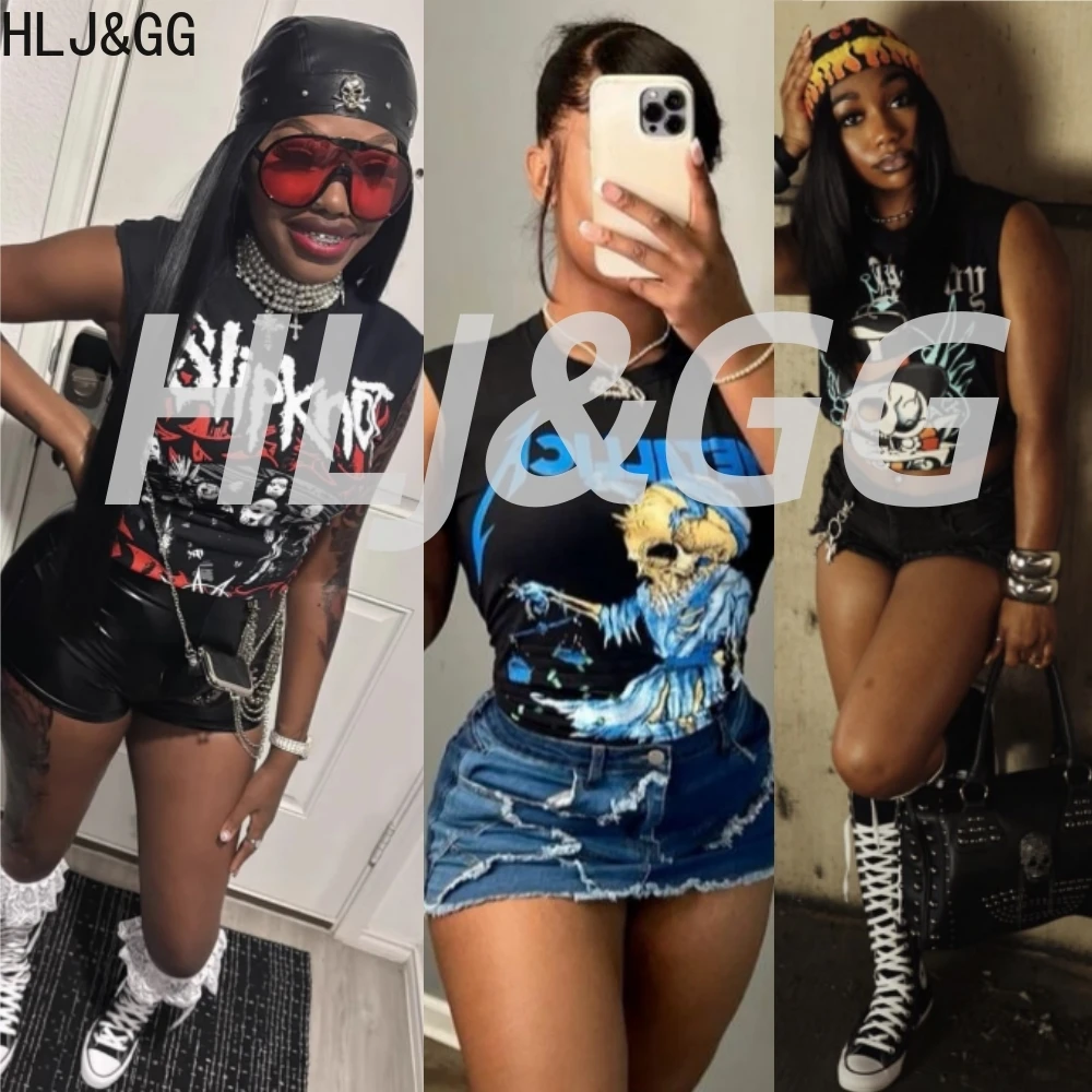 

HLJ&GG Summer New Letter Pattern Printing Loose Tshirts Women Round Neck Sleeveless Tops Fashion Y2K Retro Vest Streetwear 2025