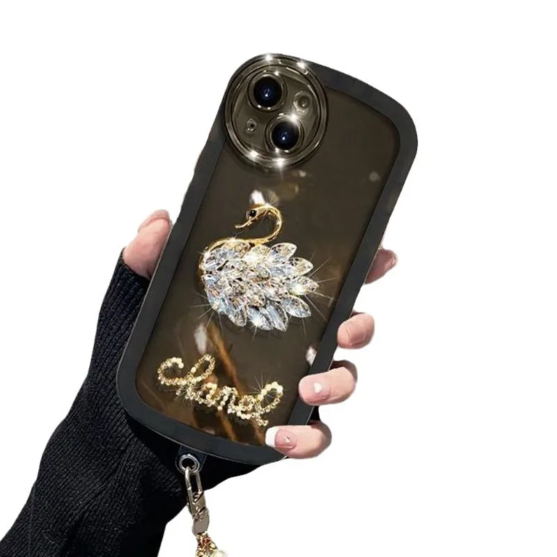 أبل 16 15 برو بلس آيفون 14 13 12 11 8 7 6 Se X Xs Promax الفاخرة حجر الراين سوان اللؤلؤ سوار جراب هاتف شفاف #5