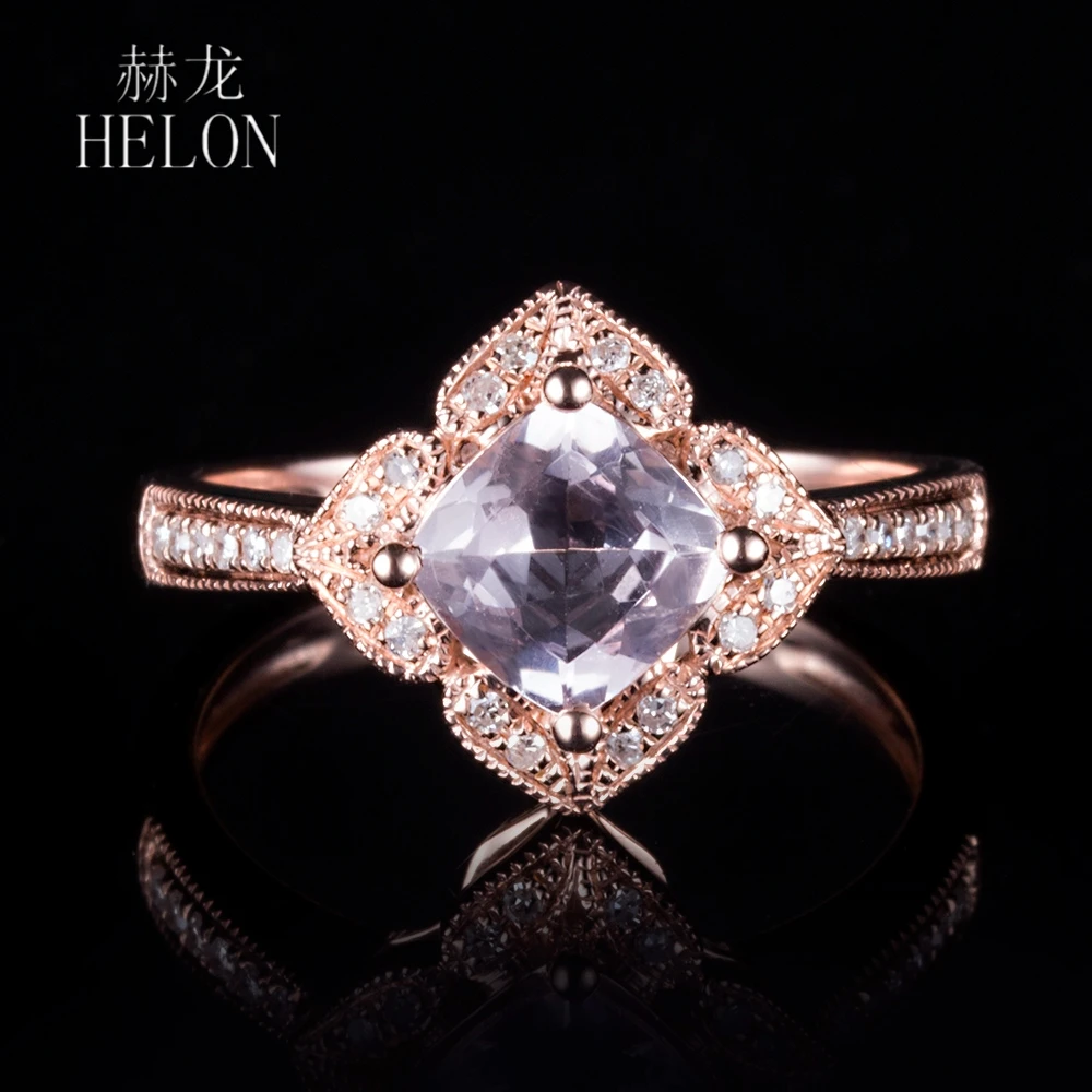 

HELON Solid 14K 10K Rose Gold Cushion 6.5mm Genuine Morganite Diamonds Engagement Ring Women Fine Jewelry Best Gift