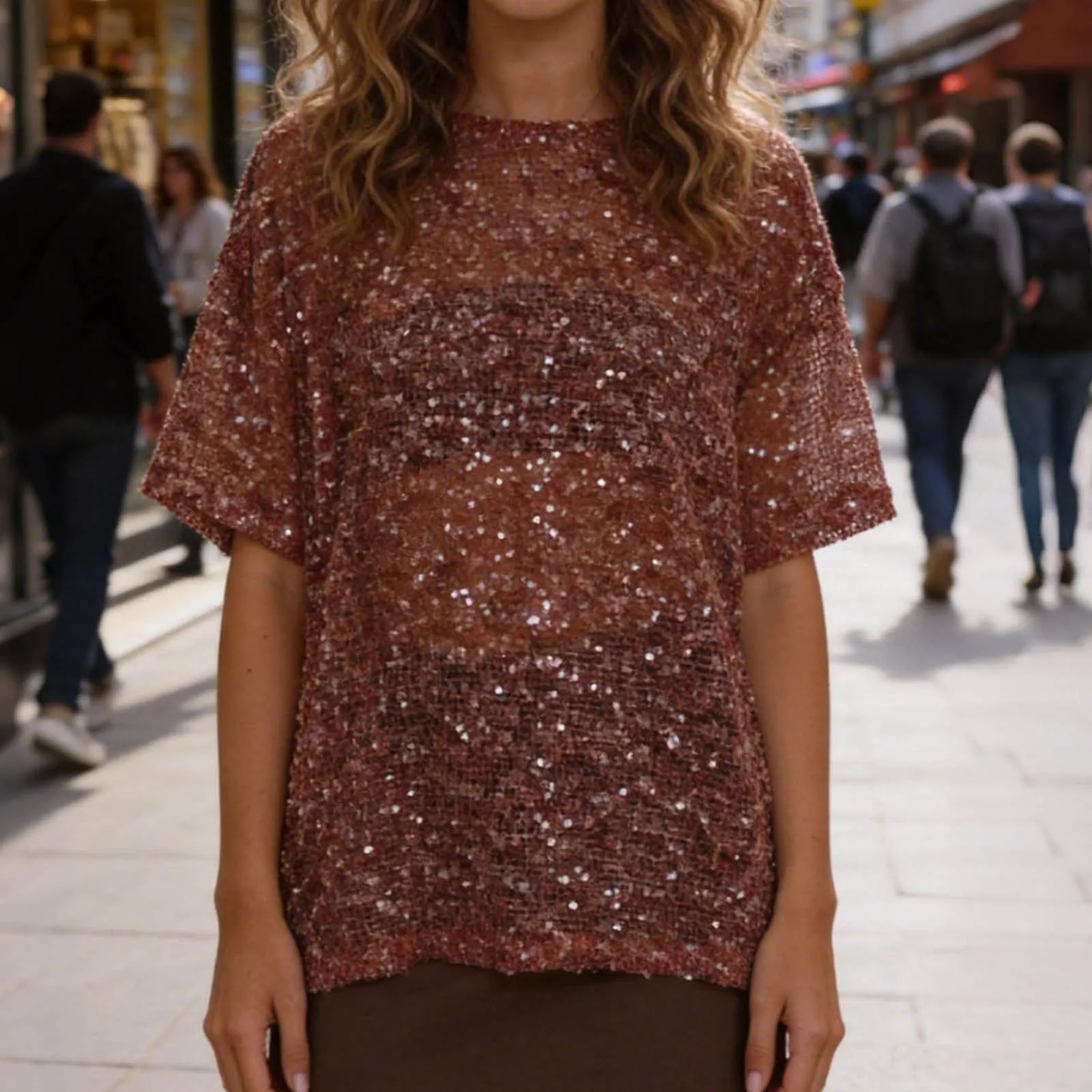 Women's Glitter Sequin Mesh Top - Brown Sheer Open Knit Short Sleeve Round Neck Party Club Evening Blouse