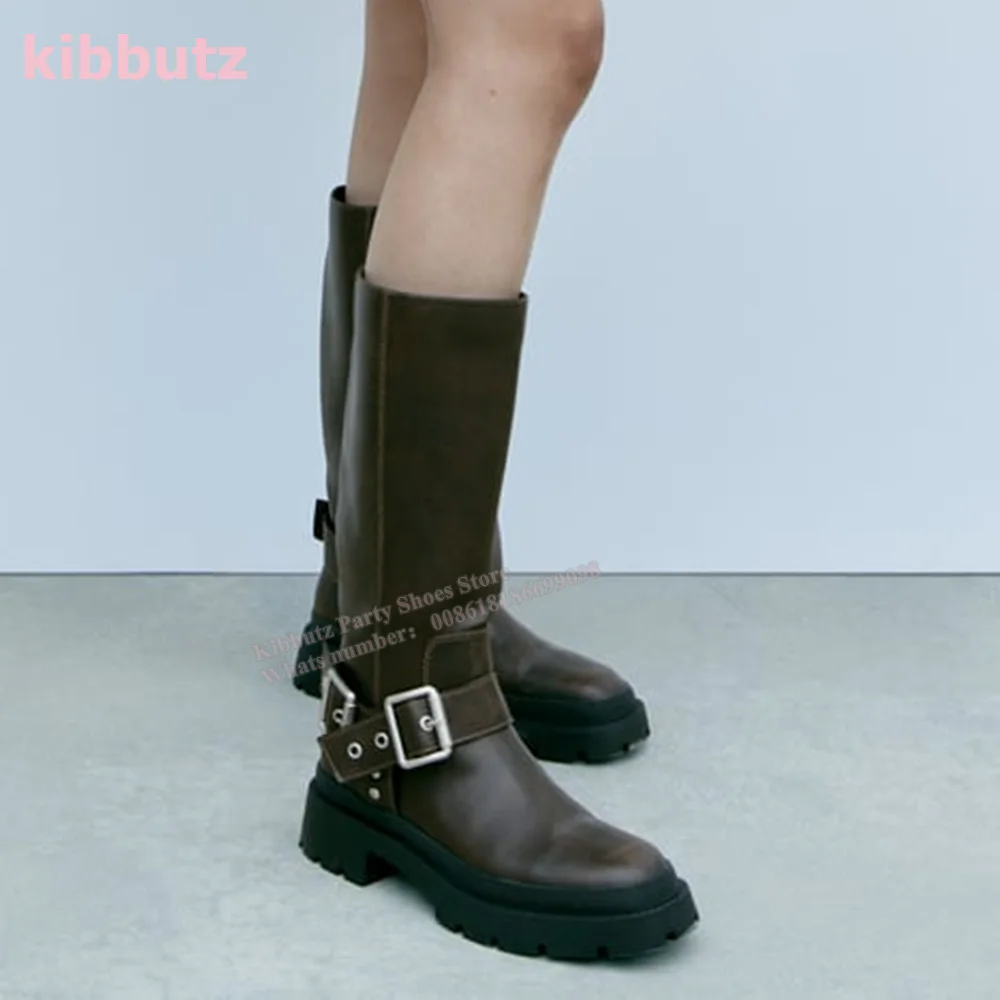 Belt Buckle Biker-Style Boots Knee High Round Toe Flat With Genuine Leather Slip-On Women Fashion Sexy Concise Shoes 2023 Newest