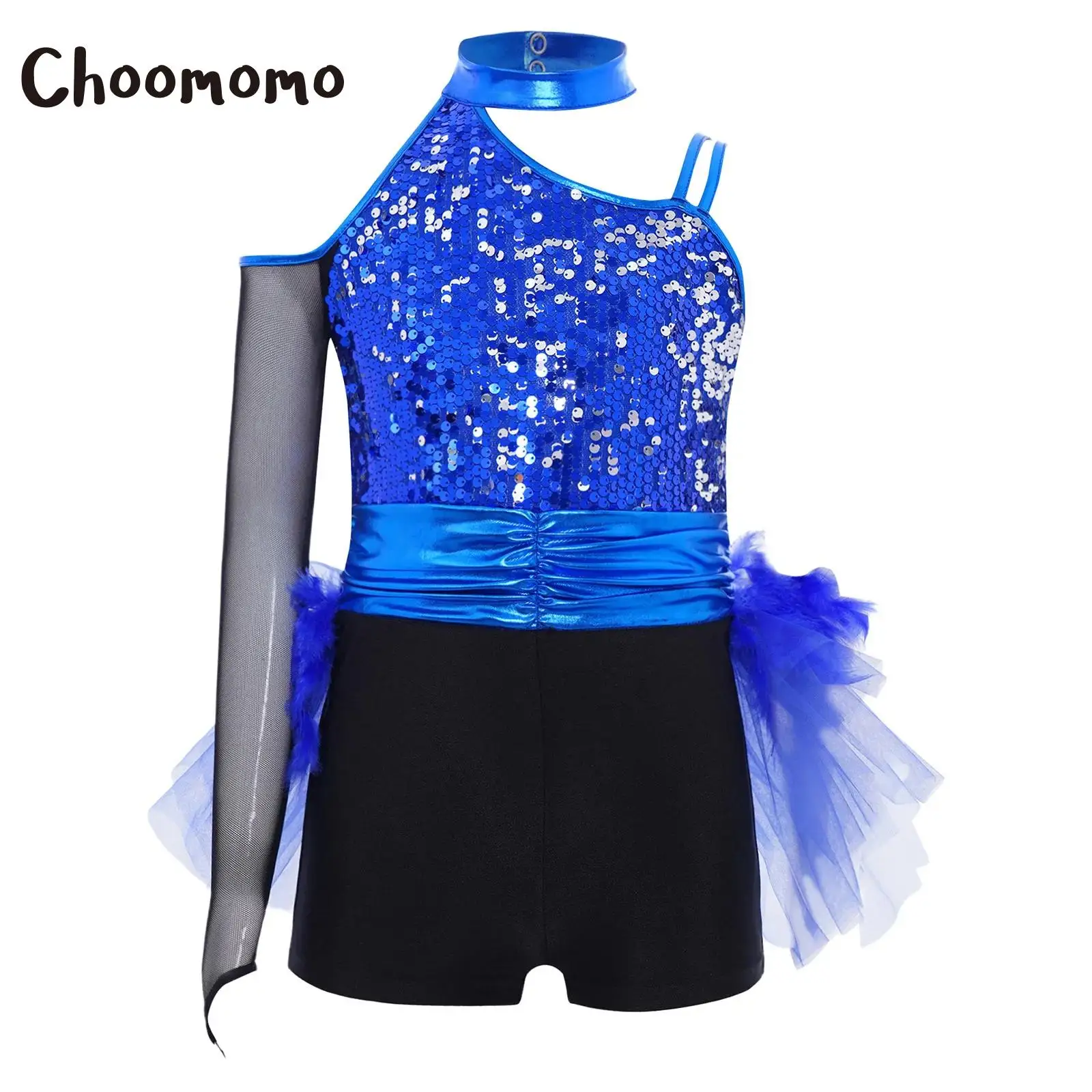 

Kids Girls Latin Jazz Dance Dress Sequins Feather Tulle Skirted Leotard Ruched Waist Asymmetrical Jumpsuit for Stage Performance