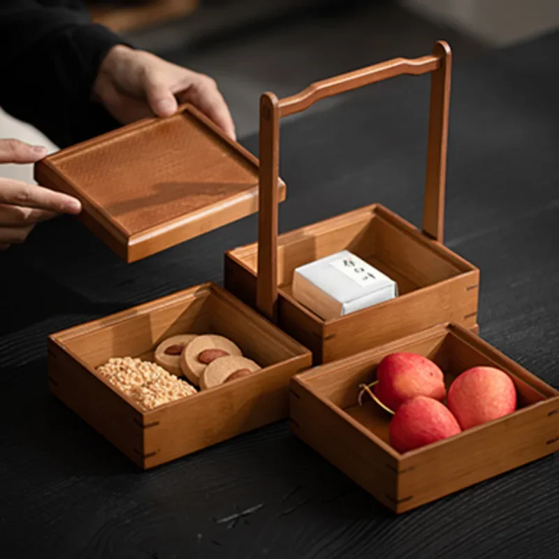 Retro Bamboo Storage Basket Traditional Chinese Fruit Tea Food Container Portable Tea Set Box Cultural Ceremony Accessories