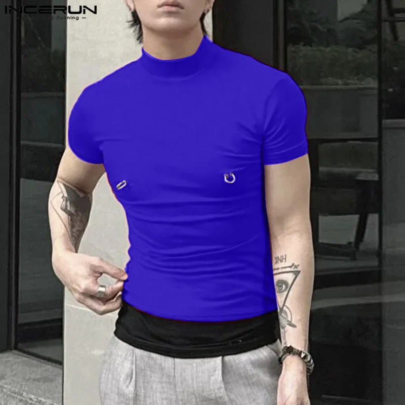 Sexy Mode-Stil Tops Incerun Männer halb High Neck Mesh Loop Schnalle T-Shirts lässig männlich solide Kurzarm enge Camiseta S-5XL