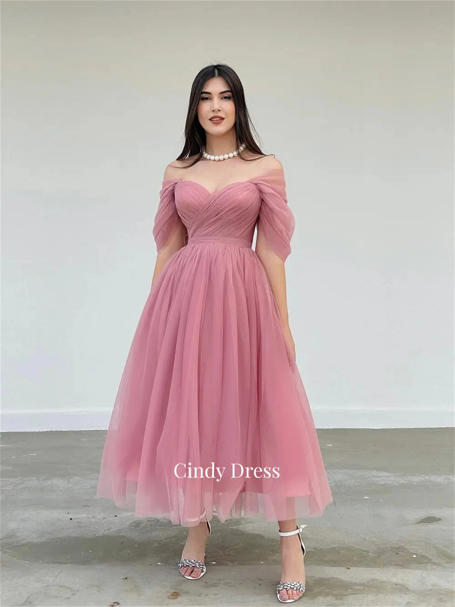 Cindy.Elegant Short Pink Tulle Evening Gown A Line Off Shoulder Tea Length Prom Dress for Women