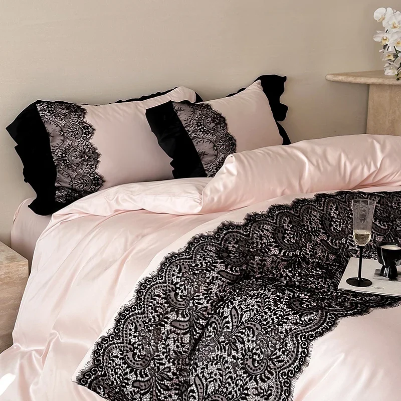 1000TC Egyptian Cotton Black Lace Patchwork Bedding Set Queen King Size Duvet Cover Set Flat/Fitted Bed Sheet Pillowcases 4Pcs
