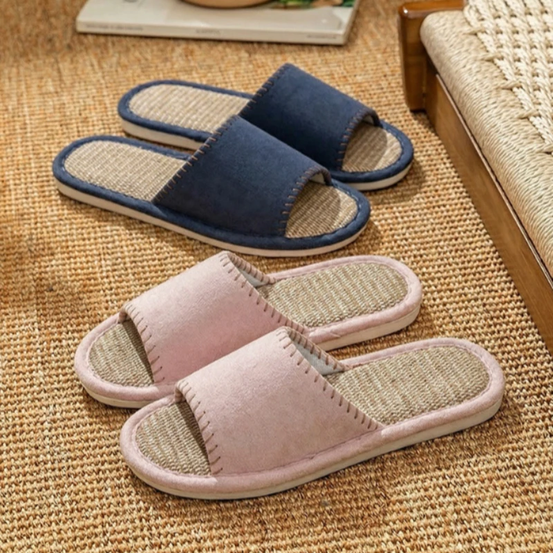 Summer New Breathable Linen Women's Slippers  Lightweight Non-Slip Indoor Home Women's Sandals Comfort Casual Flat Shoes for Man