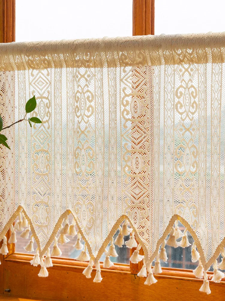 ستارة رومانسية من الدانتيل على طراز كريمي، قضيب منزلق، غطاء مقاوم للغبار، ستارة للمطبخ، ملحقات ستارة للباب من المنسوجات المنزلية #1