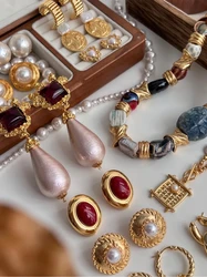 Brass Retro Natural Stone Pearl Necklace Earrings Women Jewelry Punk Designer Runway Gown Boho Japan Korean