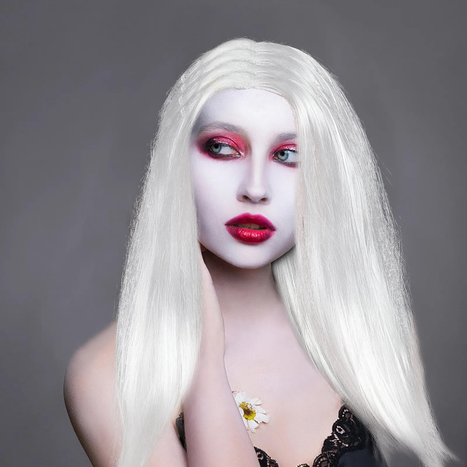 White Yama Ghost Spooky Long Synthetic Hair For Halloween Cosplay Party Masquerade Costume Accessory Women Men