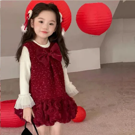 Mädchen Anzüge Kinder 2024, Neue Herbst Winter Fleece Roten Kleid und Pullover Top Zwei-stück Set Kleidung Koreanische Einfache stil Anzüge