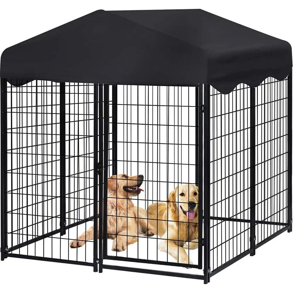 Dog Kennel Outdoor, Heavy Duty Outside Dog House Large Kennel with Roof, 4'L x 4'W x 4.5'H Outdoor Pet Pens with Lock