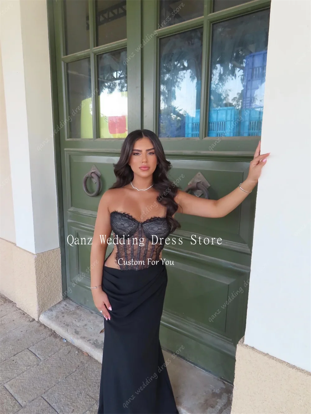 Qanz Zwart Kant Applicaties Avondjurken Zeemeermin Satijn Sexy Party Gown Vrouwen Sweetheart Backless Vestidos De Noche Aangepast