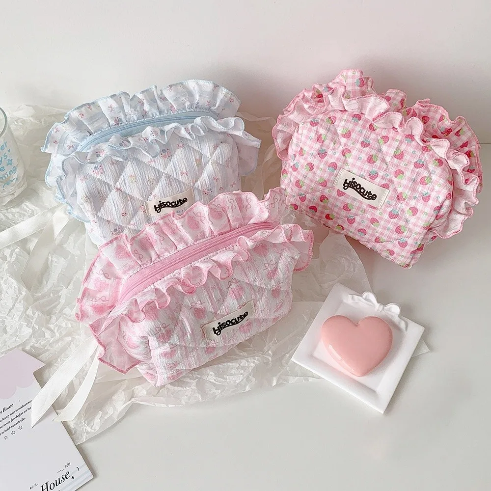 Ruffle Travel Cosmetic Bag Pen Bag Multi-functional Makeup Storage Pouch Fruit Strawberry Pencil Case Cloth Toiletry Bag Jewelry