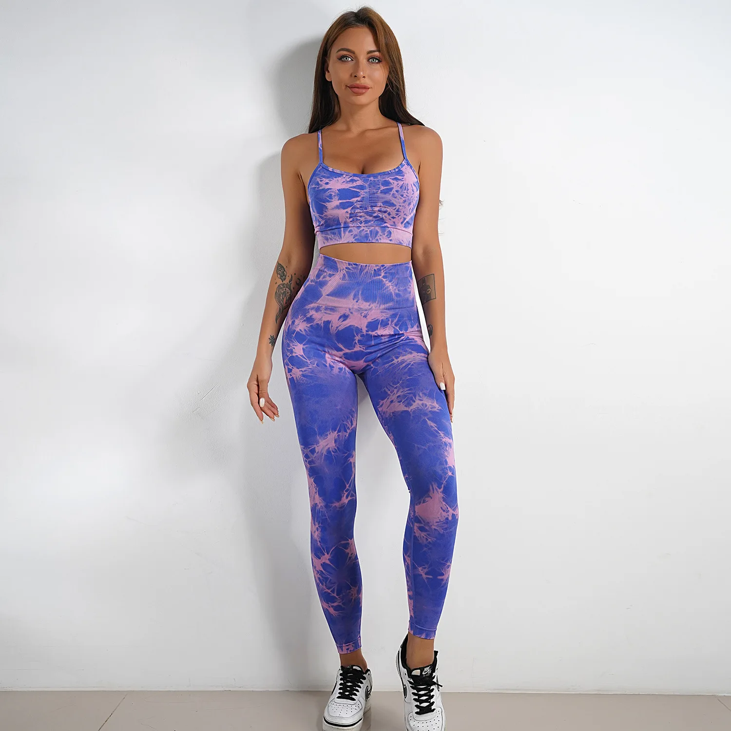 New Women Tie Dye Yoga Sets Gym Seamless Soprts Leggings Bras Pants Fitness Mujer Leggins Stretch 2 Pieces Cycling Suits