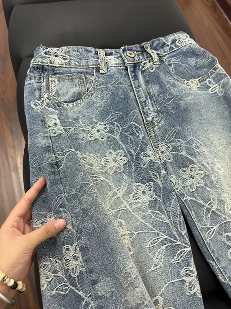 Cleanfit Ice Blue Embroidered Floral Denim Jeans Men's Trendy American Vibe Washed Straight Leg Long Trousers