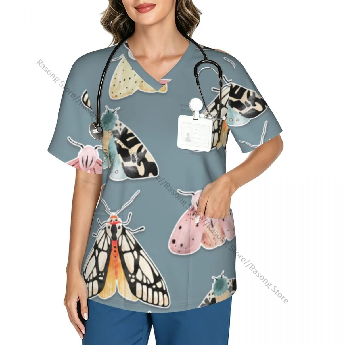 Women V Neck Scrub Top Butterflies And Moths Watercolor Short Sleeve Nurse Hospital Uniforms Female Working Clothes with Pocket