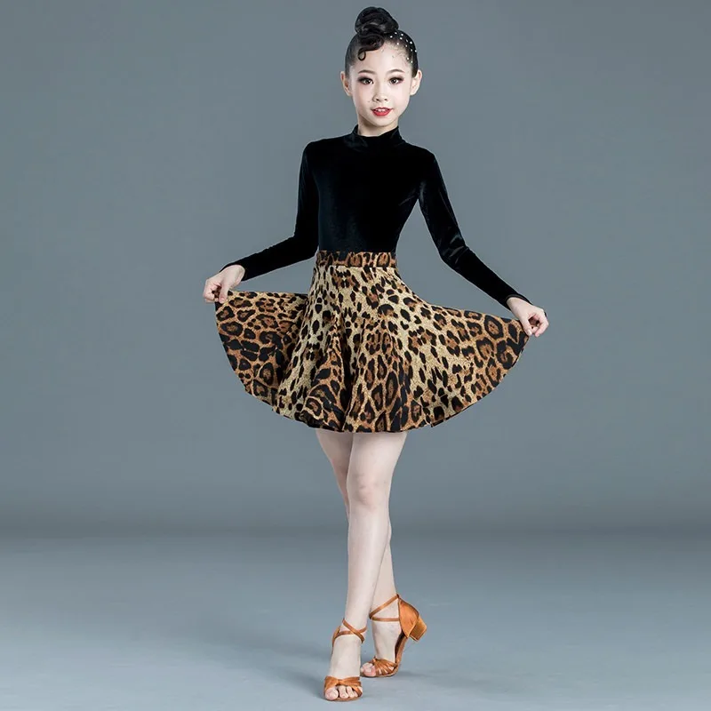 Tenue de danse latine à imprimé léopard, jupe d'entraînement à manches longues pour filles, vêtements de danse de compétition, vêtements de danse de performance