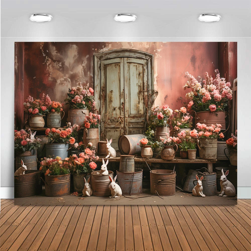 Retro Indoor Flowers Decor Photo Background Adult Kids Portrait Photo Studio Props Old Doors and Windows Photography Backdrop