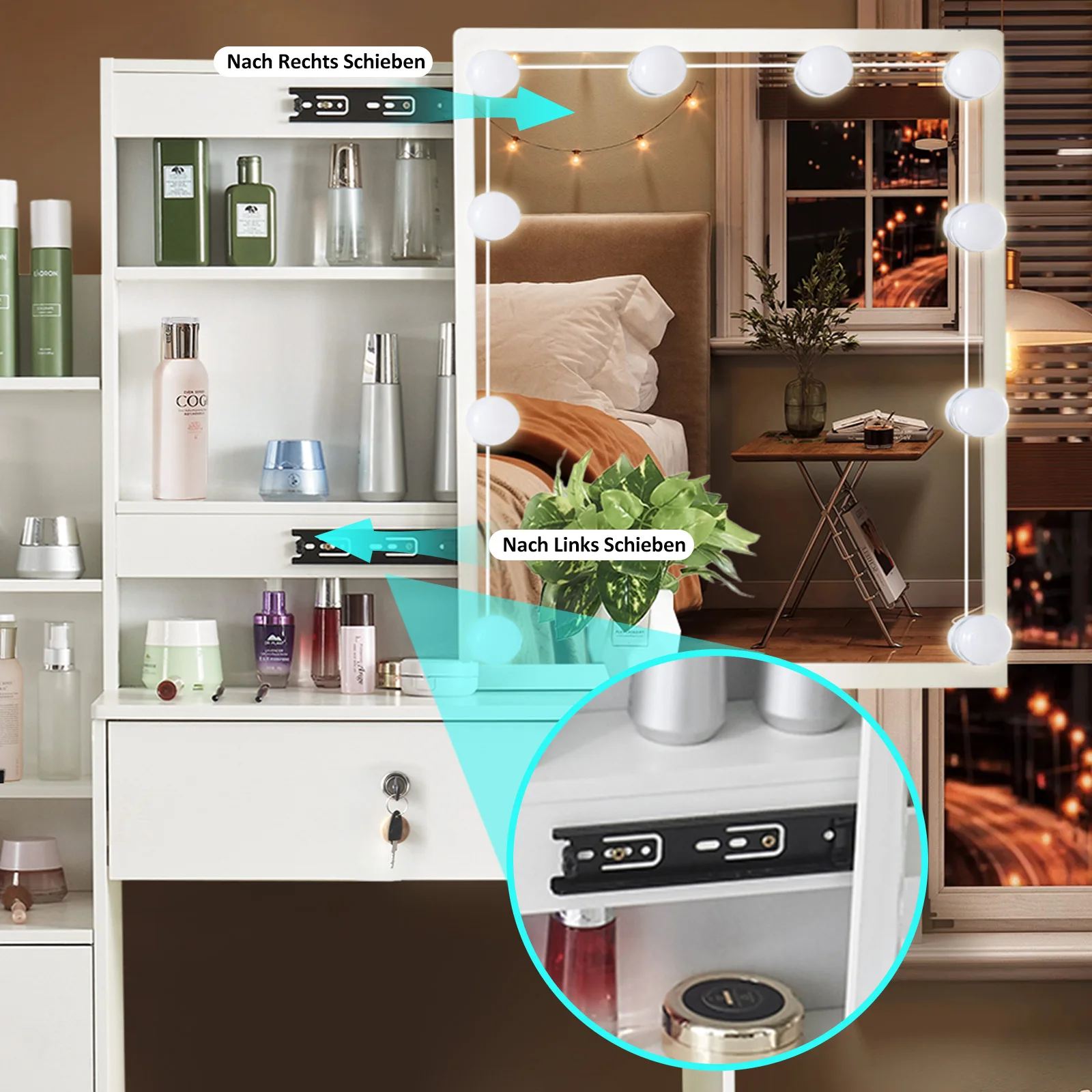 Makeup Vanity Table Set with Sliding LED Lighted Mirror, 6 Drawers & Storage Shelves, Dressing Table with Cushioned Stool, White Bedroom Dresser Makeup Desk