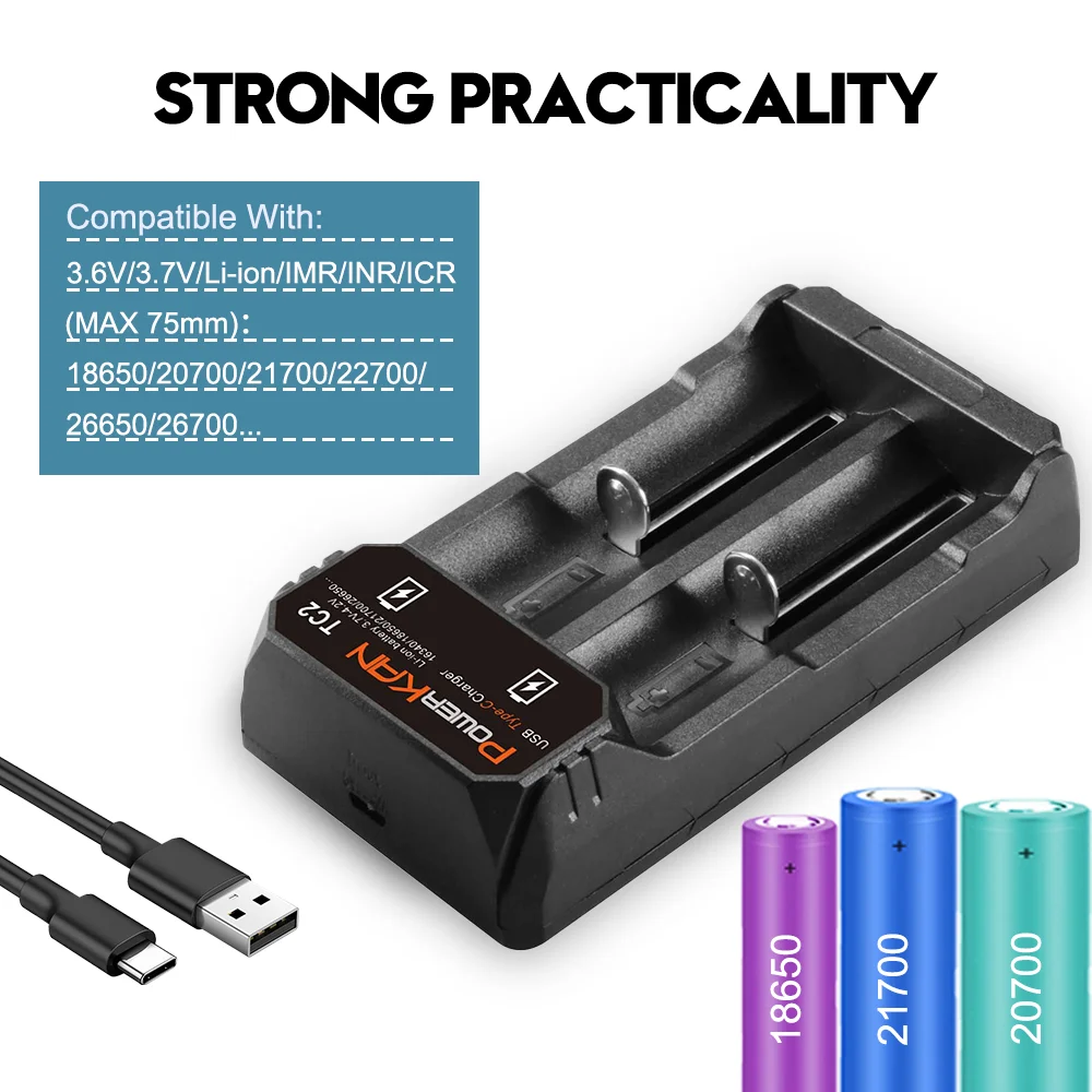 POWERKAN Battery Charger, Type-C USB Input, for 3.7V Li-ion Batteries Compatible with 2665016340 14500 21700 18650 Charging
