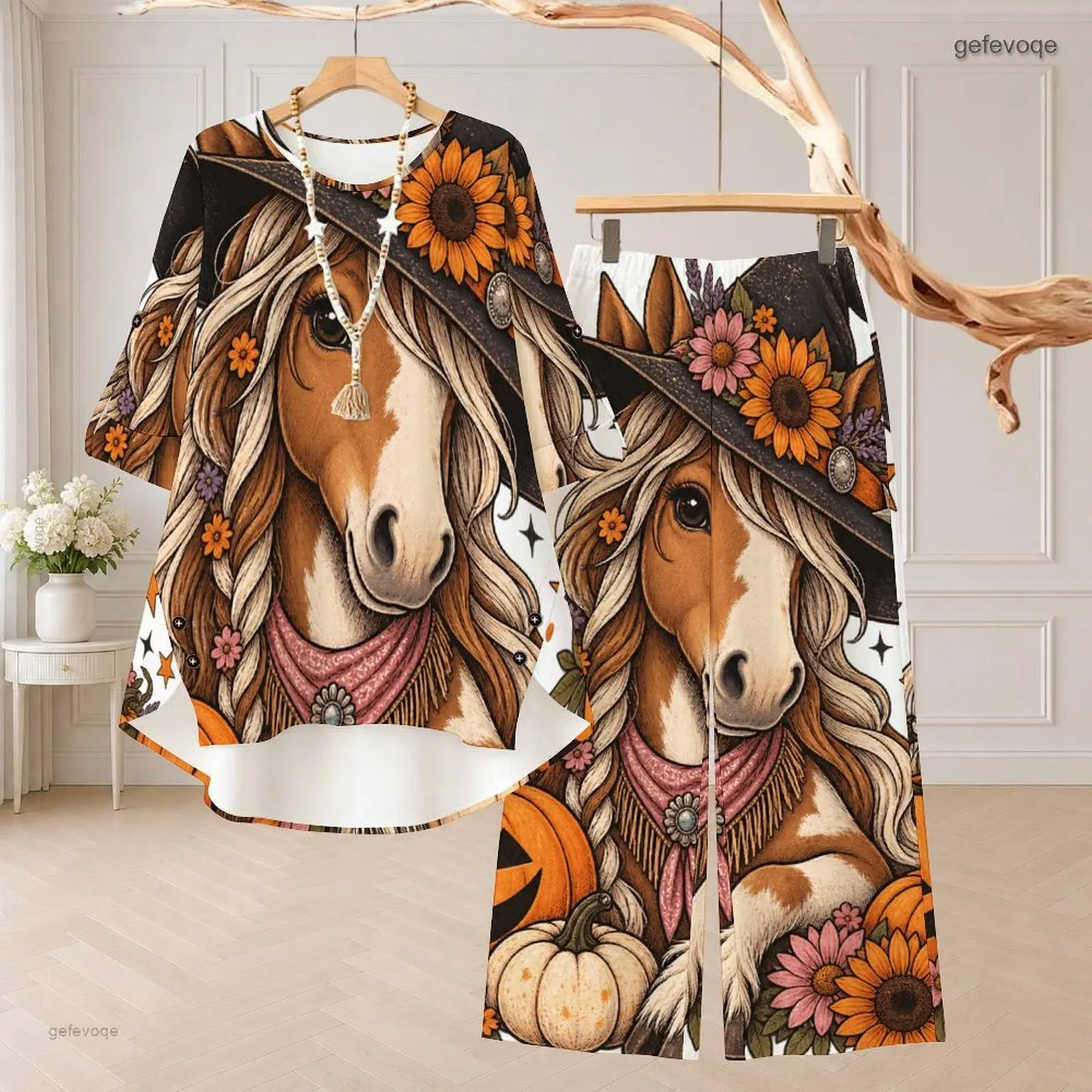Women Halloween Witch Cottage Ghost Pumpkin Printed Round Neck 3/4 Sleeve Top Long Pants Two Piece Set