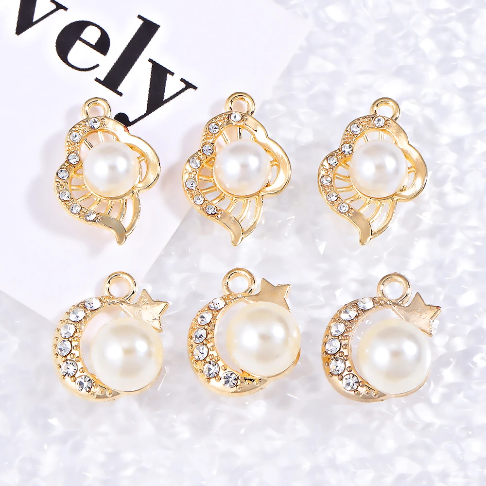 15Pcs Pearl Rhinestone Star Moon Charms Gold Color Pendant Accessories for DIY Necklace Bracelet Jewelry Making Craft Finding