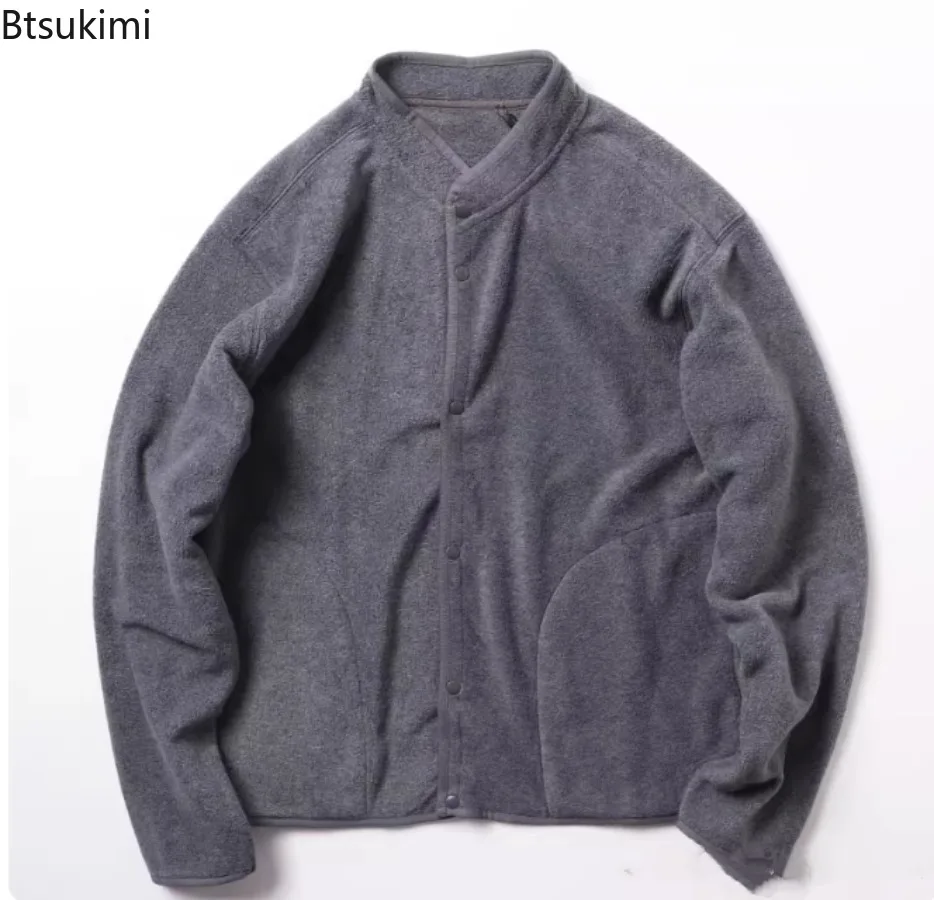 Autumn Winter Men's Double-sided Fleece Jacket Stand Collar Single Breasted Coatst Loose Fashionable Solid Cardigan Sweatshirt