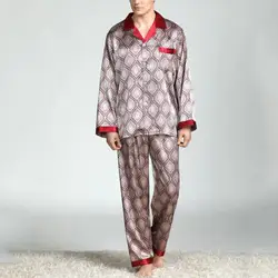 Print Imitation Silk Long Pants Sleepwear Men Summer Pajama Set Shirt Nightwear