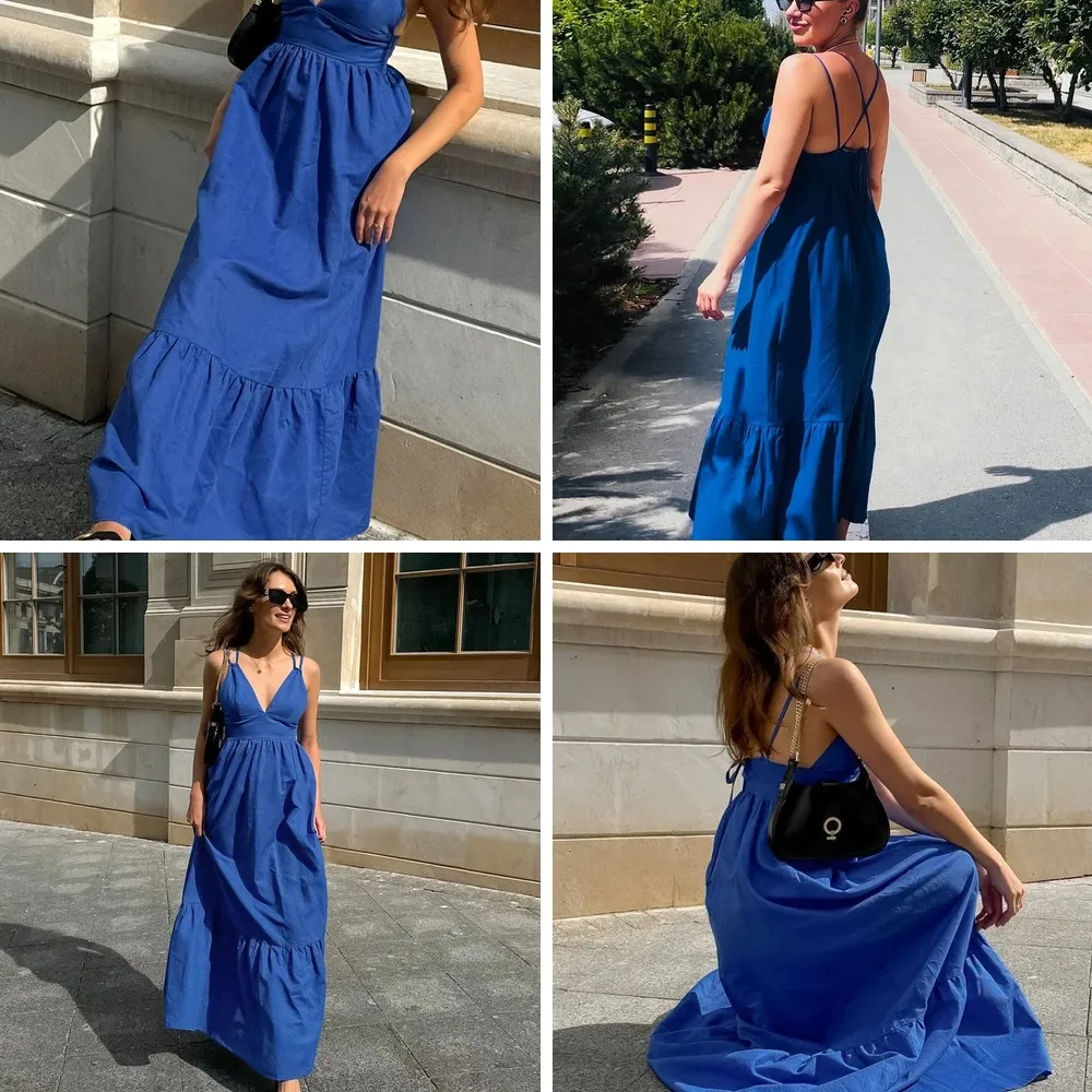

Elegant Blue Backless Sling Dress 2026, Off-Shoulder Pleated Vacation Maxi Gown for Women (72 characters)