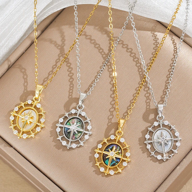 Fotografia 3: Colar pingente North Star de luxo francês com placa redonda incrustada com zircônio e estrela octogonal, colar requintado.