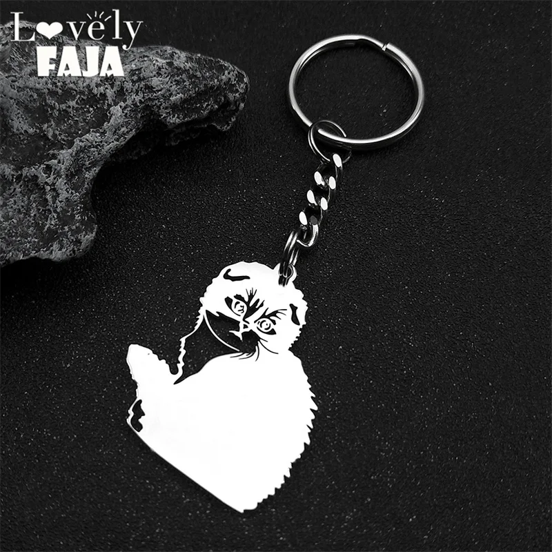 Niedlicher Tier-Katzen-Anhänger-Schlüsselanhänger für Damen und Herren, hohl, Edelstahl, schwarz, schottische Falte, Haustier, Kätzchen, Schlüsselanhänger, Schmuck, Geschenk