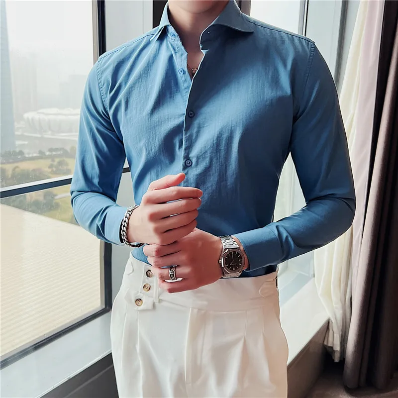 British Style One Line Collar Shirt for Men Autumn Solid Color Casual Business Dress Shirts Slim Fit Social Party Men Clothing