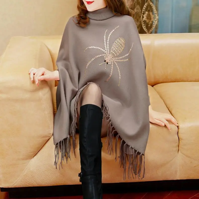 

Winter New High Collar Tassel Pullover Knitted Sweater Bat Shirt Poncho Coat Women Sequins Loose Casual Slim Cape Sweater Female