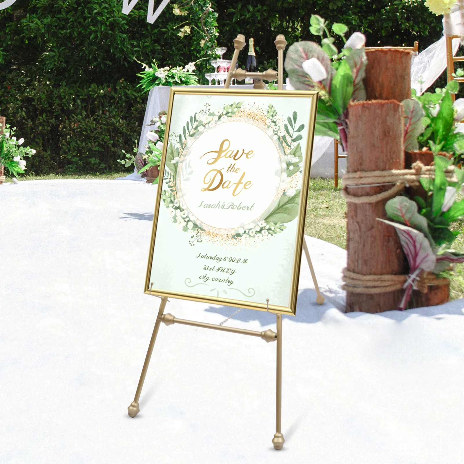 

2*Gold Floor Easel Stands With Hooks Romantic Wedding Structural Stability Adjustable Tilt Angle Floor Mounted Iron