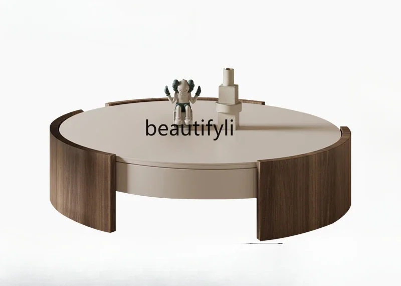 

Italian Minimalist round Stone Plate Coffee Table Living Room Home New Designer High Sense Walnut Tea Table