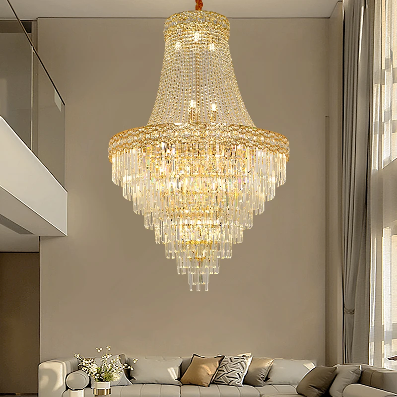Multi-Layer Crystal Chandelier, Gold Ceiling Pendant Light,  Duplex Stairecase Living Room Lighting, Luxurious Home Decor Lamp