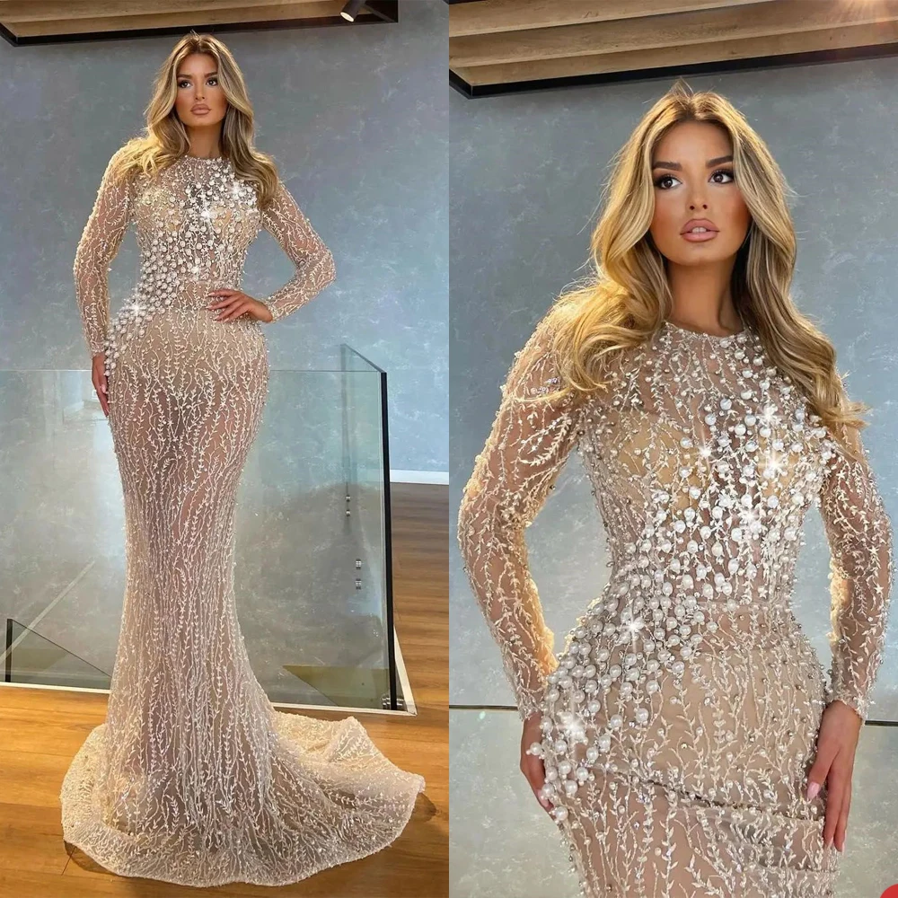 Luxurious Pearls See Through Prom Dress Appliques Long Sleeves Evening Gowns Sexy lllusion Formal Party Dresses Custom Made