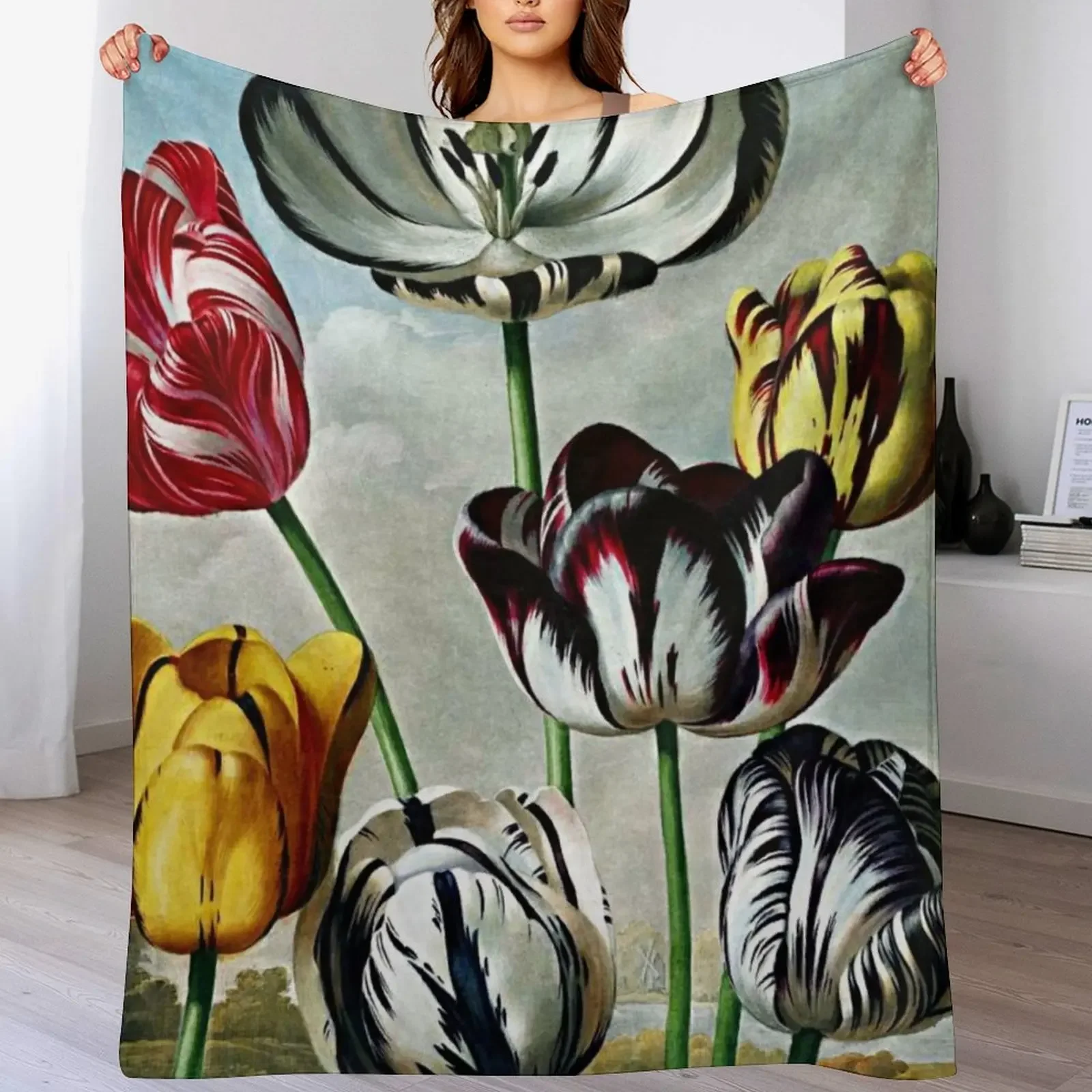 Botanical Art Temple Of Flora Tulips Throw Blanket Soft Comfort Blanket for Reading Watching TV