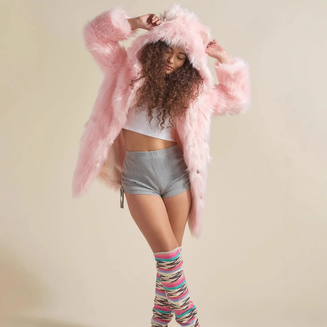 الحلو الوردي المرأة الشتاء فرو المنك سترة واحدة الصدر مقنعين الدب الأذن طويلة فو الفراء معطف لسيدة شيك الإناث الفراء أسفل معطف #3