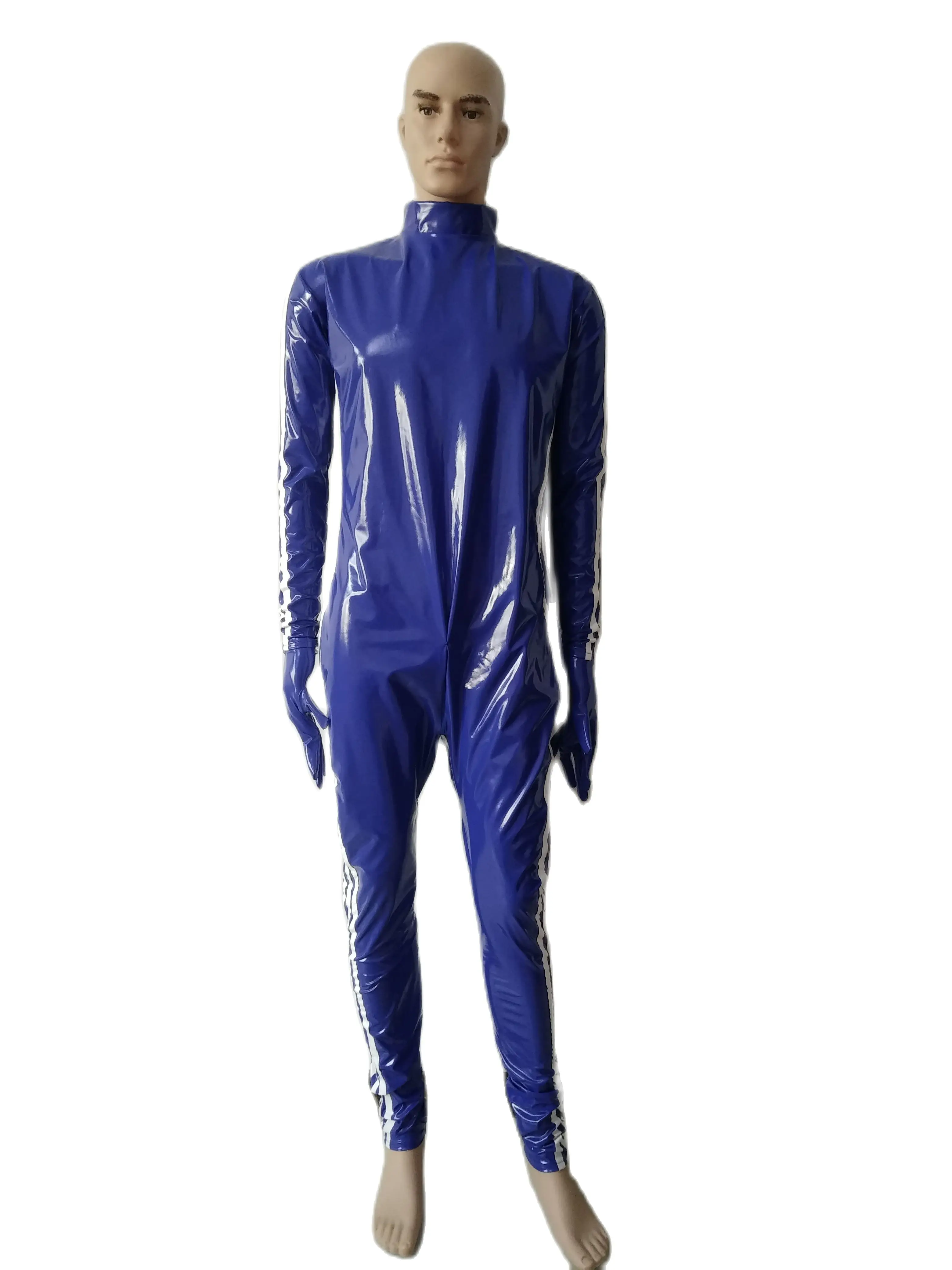 

Custom made Men's White stripes Blue pvc faux leather Catsuit Tight Bodysuit with Back Zipper Club Wear Jumpsuit without hood