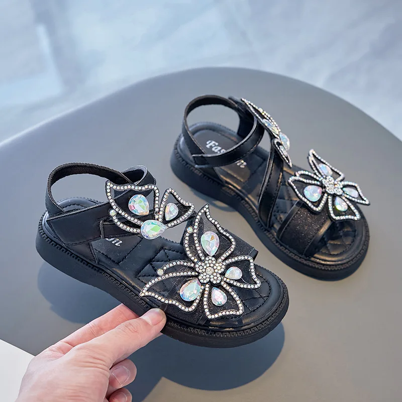 Girls Sandals Fashion Rhinestone Butterfly Princess Shoes Summer Children Soft Sole Beach Sandals Non-slip Crystal Kids Shoes