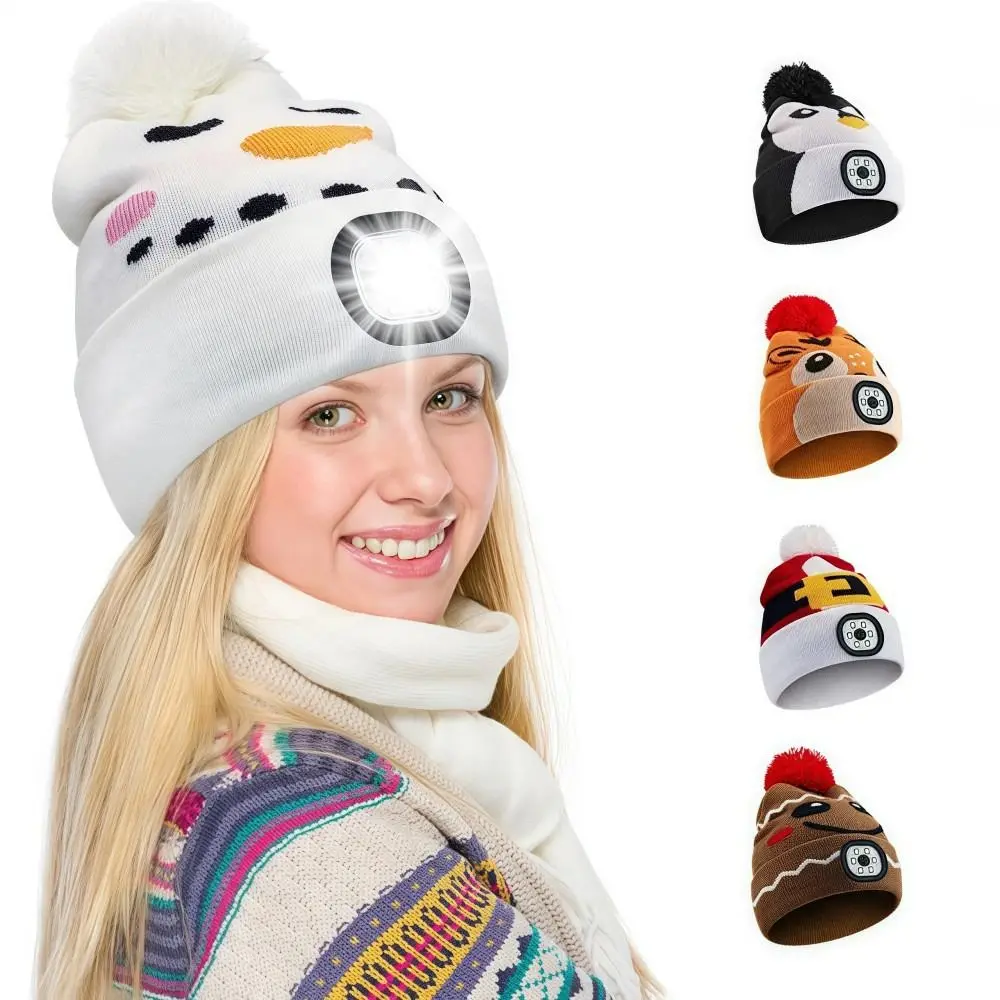

USB Rechargeable LED Light-up Knitted Hat Detachable Cartoon Headlamp Cap Luminescent Design Winter Warm Knit Night Light Hat