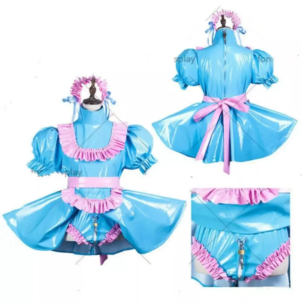 

Sexy Sissy Lockable Cute Girl Blue PVC Dress French Maid Cosplay Outfit Adult Custom Carnival Festive Costume