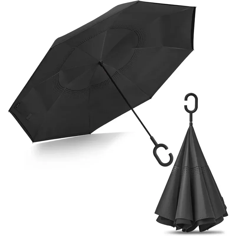 Large Inverted Reverse Umbrella, Upside-down Folding Umbrella with C-Shaped Handle Windproof Double Layer Upside Rain Umbrellas