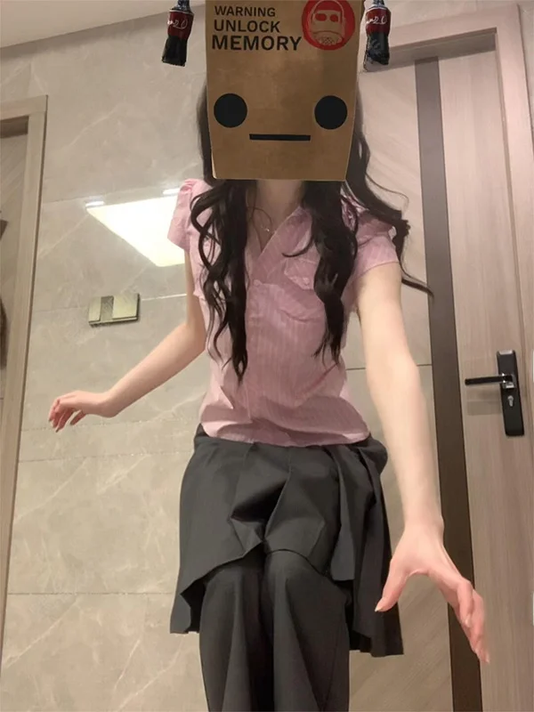 

Розовая полосатая рубашка в корейском стиле Pure Desire, женская рубашка с короткими рукавами, облегающий крой, летний винтажный универсальный модный топ