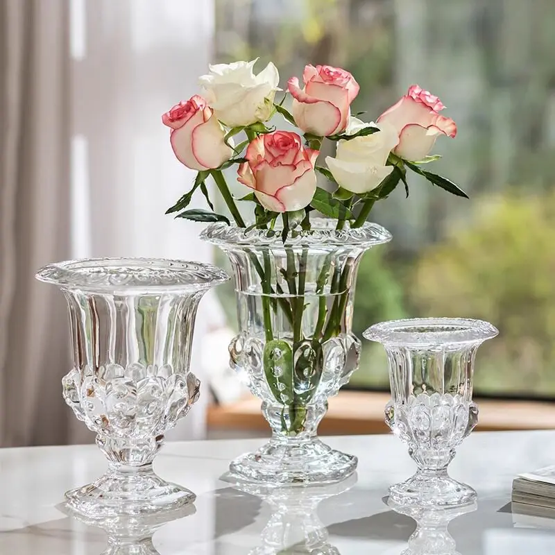 

French retro glass vase - large capacity geometric pattern living room floral arrangement transparent creative european style
