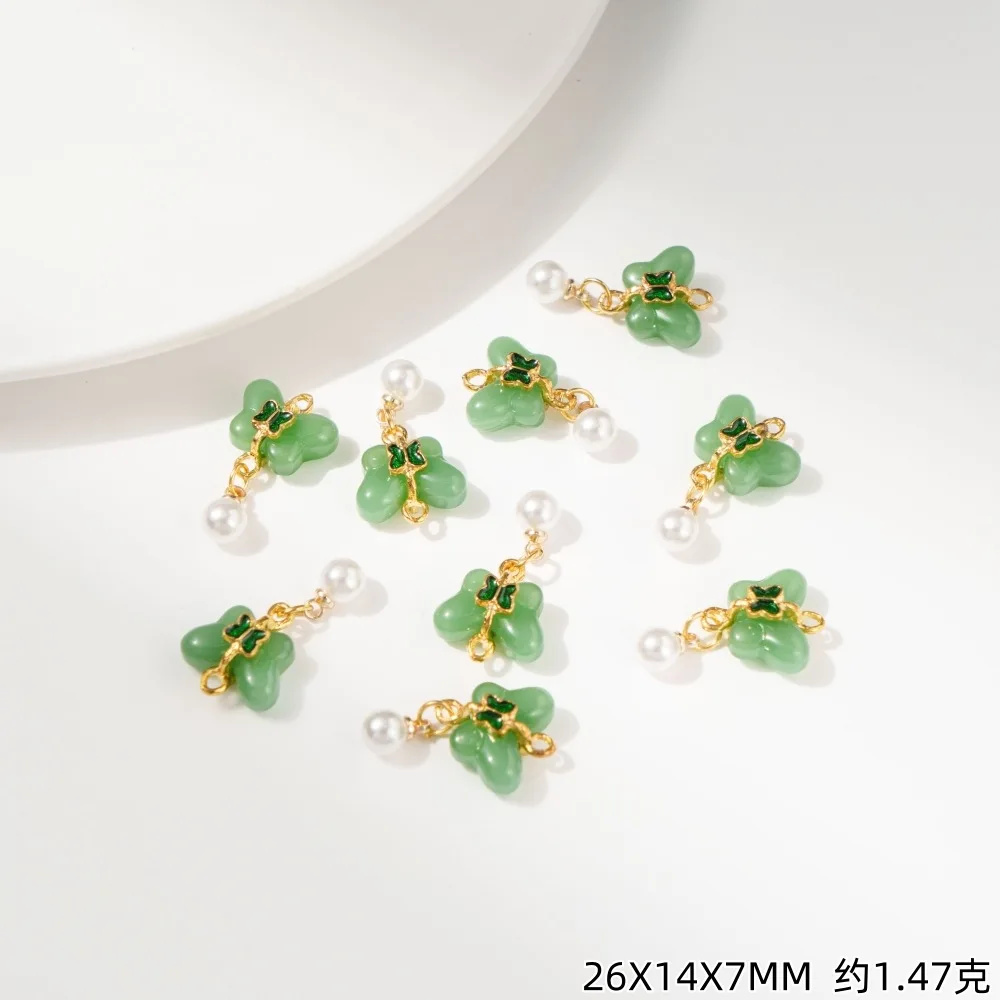10Pcs Retro Imitation Jade Butterfly Pearl Charms Gold Alloy Small Pendants Jewelry Bracelet Earring Necklace Craft DIY Supply