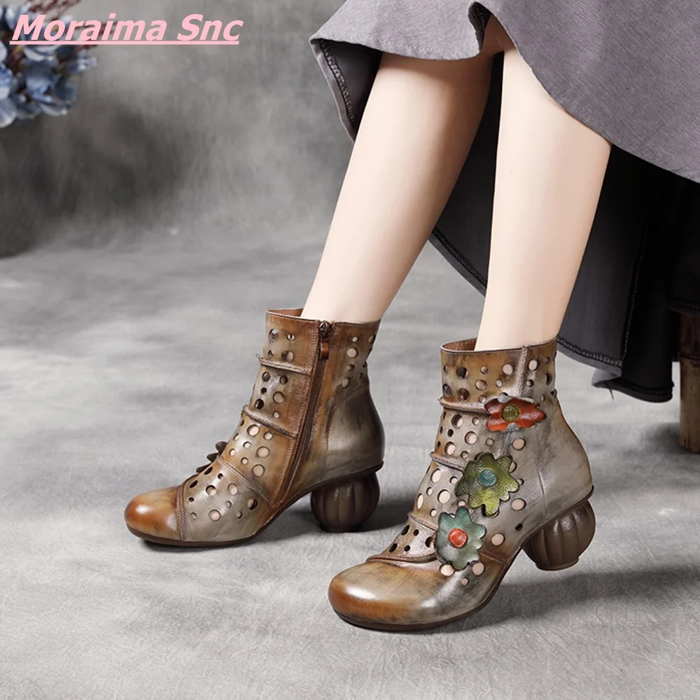 

Hand Polished Vintage Women's Shoes Strange Heel Hollow Roman Mid-Calf Boots Side Zipper Flower Round Toe Ethnic Comfortable